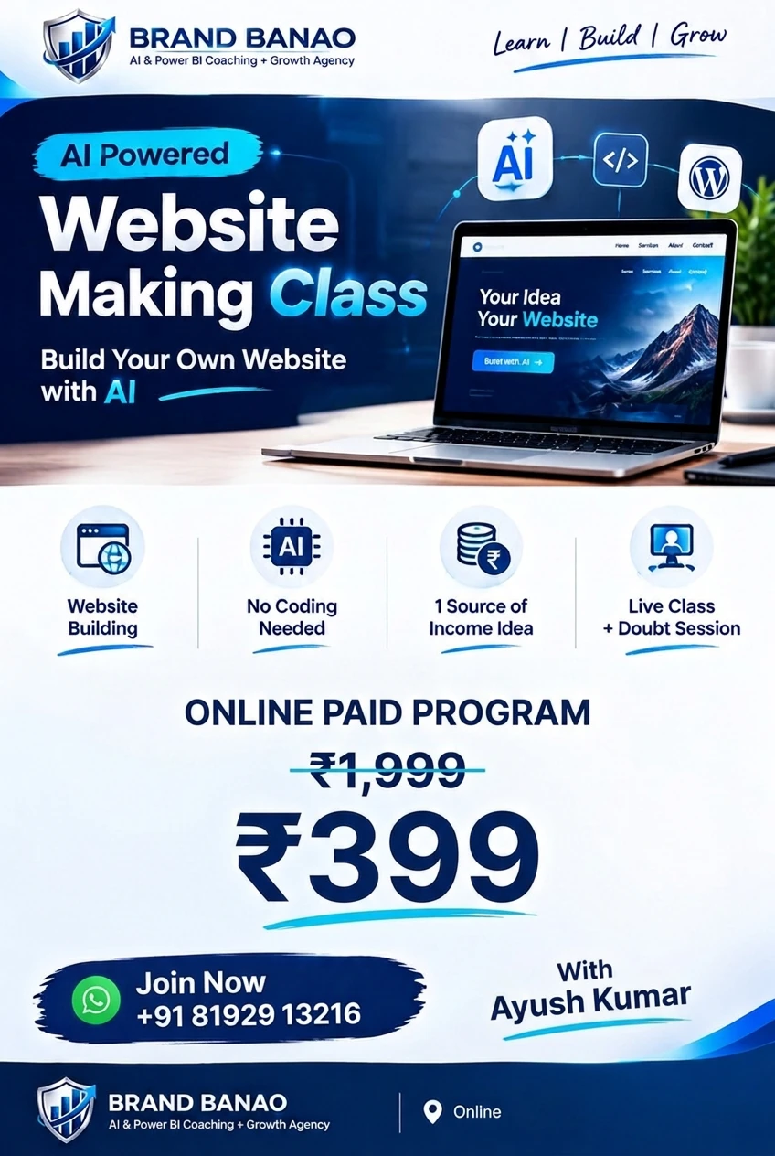 Brand Banao AI-powered Website Making Class with Ayush Kumar. Online paid program: ₹1,999 crossed out, now ₹399. Join via WhatsApp +91 81929 13216.